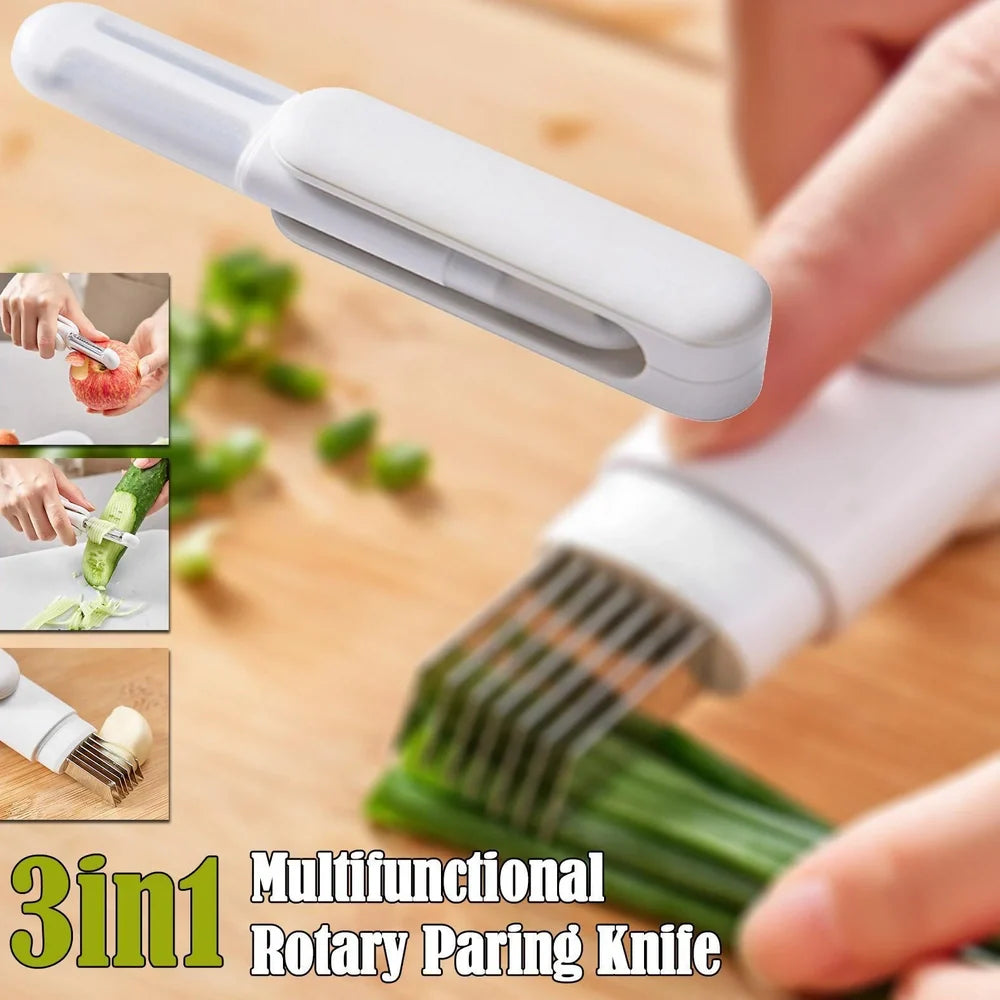 White 3-in-1 rotary paring knife with stainless steel blades showing 360° rotating mechanism