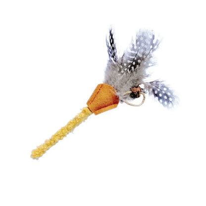 Polygonum wood cat chew toy with green and yellow feather attachments for dental health and interactive play