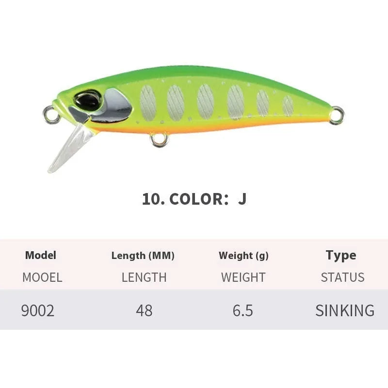 Japanese fishing lure with submerged mino design, 48mm length, 6.5g weight, shown in multiple colour variations