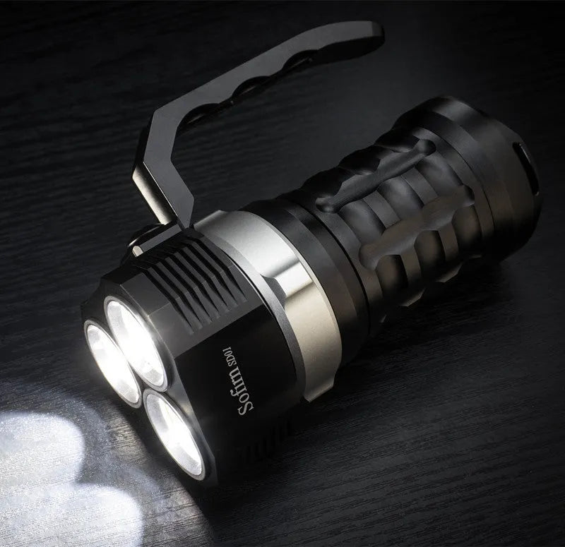 Aluminium alloy diving torch showing 18cm length with 350+ lumen output and waterproof construction