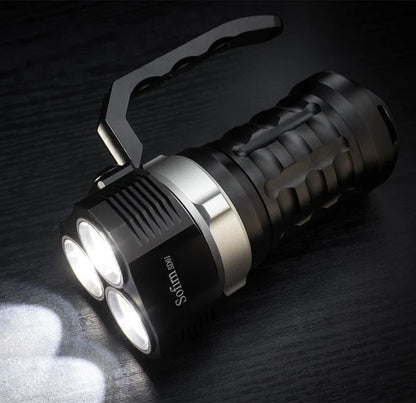 Aluminium alloy diving torch showing 18cm length with 350+ lumen output and waterproof construction