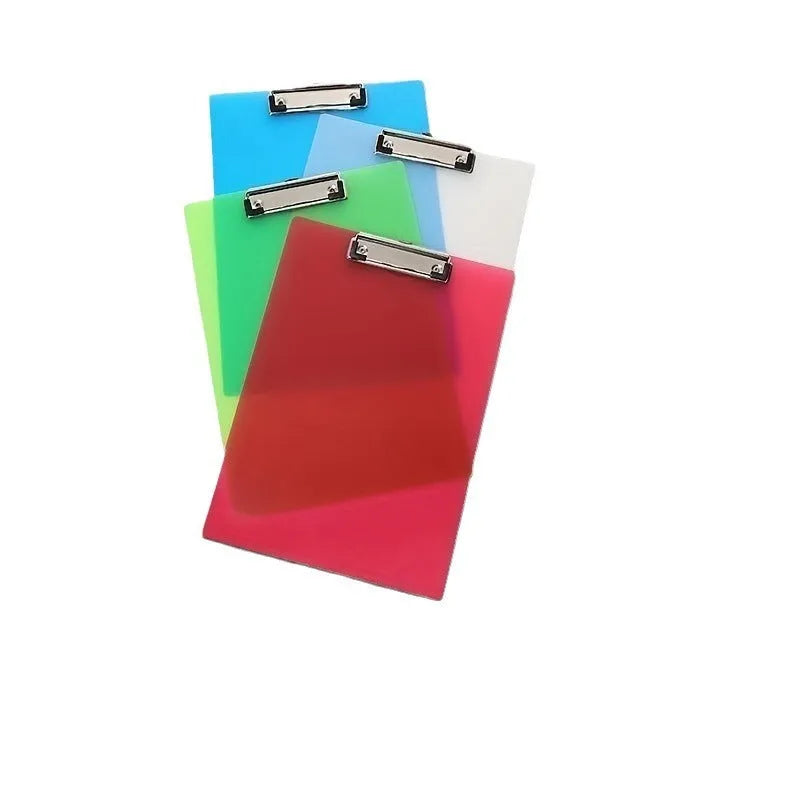 Transparent A4 writing board pad with metal flat clip in blue, alongside A5 size in red on a desk.