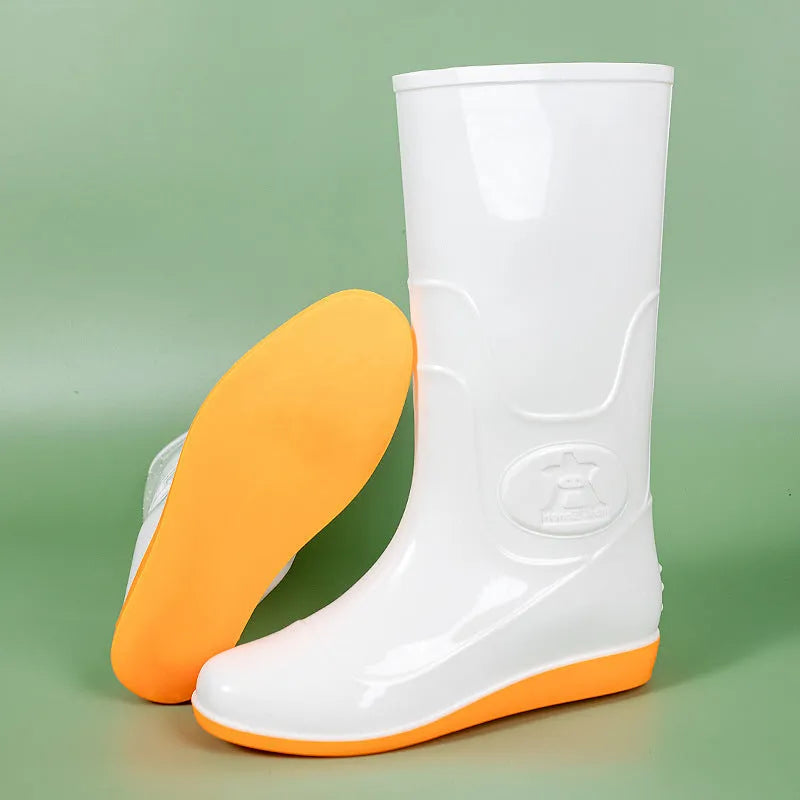 Men's white and yellow flat plastic rain boots with high tube design on a neutral background.