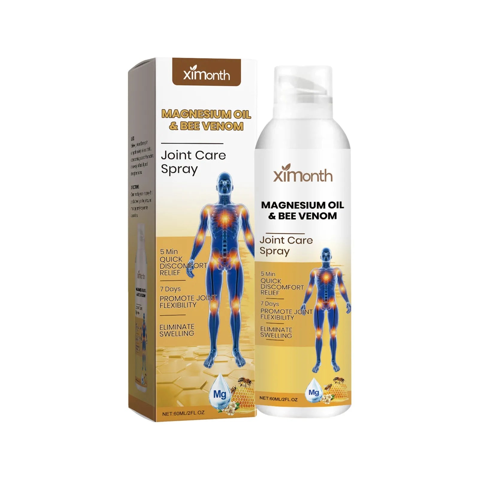 60ml joint care moisturising spray bottle with menthol, coconut oil and bee venom active ingredients