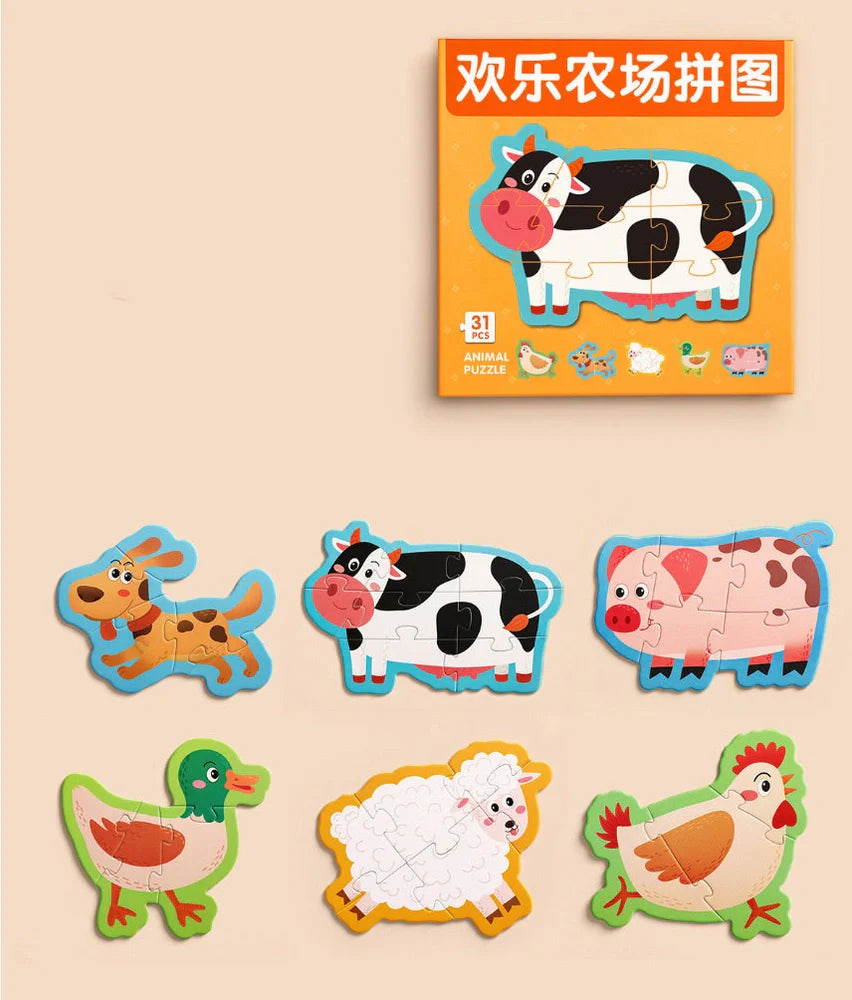 Five educational puzzle boxes for infants with animal, fruit, farm, transportation, and profession themes