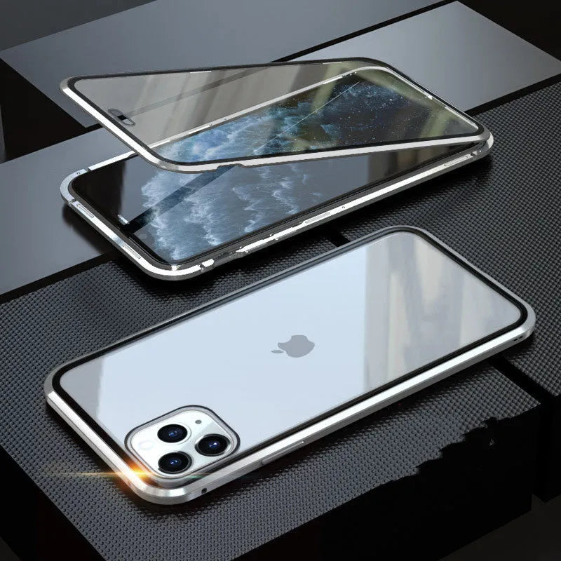 Clamshell anti-spy phone case in solid colours for iPhone models with machined glass geometry style