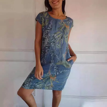 Women's floral print cotton dress with loose fit and short sleeves in various colors