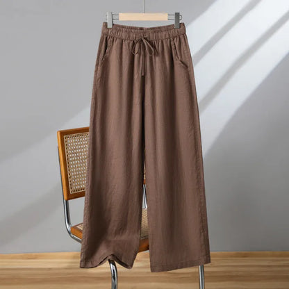 Women's straight-leg casual trousers with elastic waistband and drawstring closure in polyester fabric