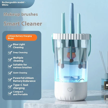 White rechargeable electric makeup brush cleaning device with USB cable, measuring 24cm length