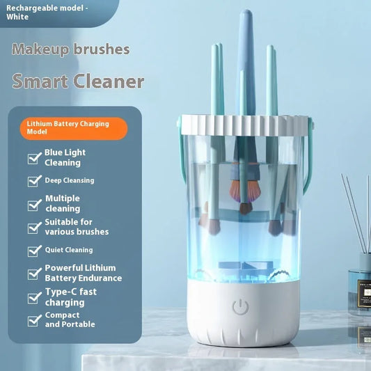 White rechargeable electric makeup brush cleaning device with USB cable, measuring 24cm length