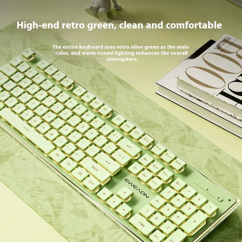 Prewalker V3 retro green mechanical feel keyboard and mouse set on a desk.