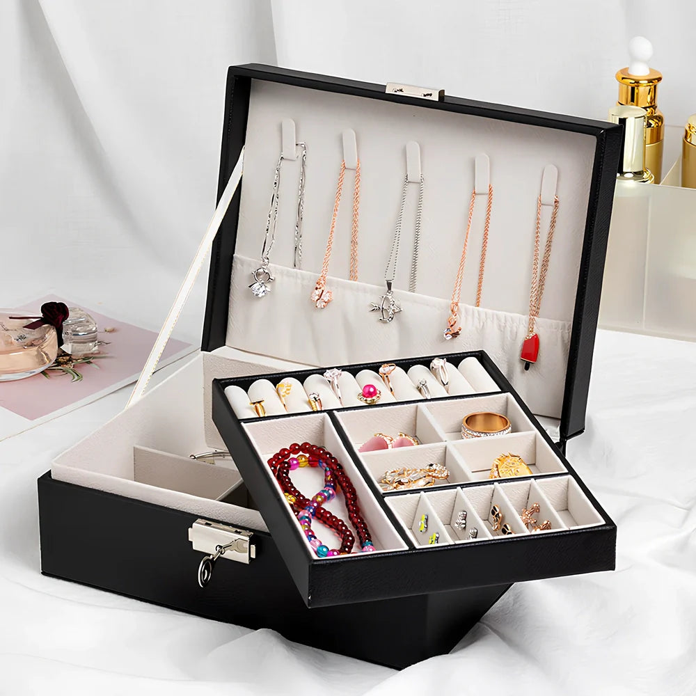 Wooden leather jewellery box with multiple compartments measuring 23×17.5×9.8cm