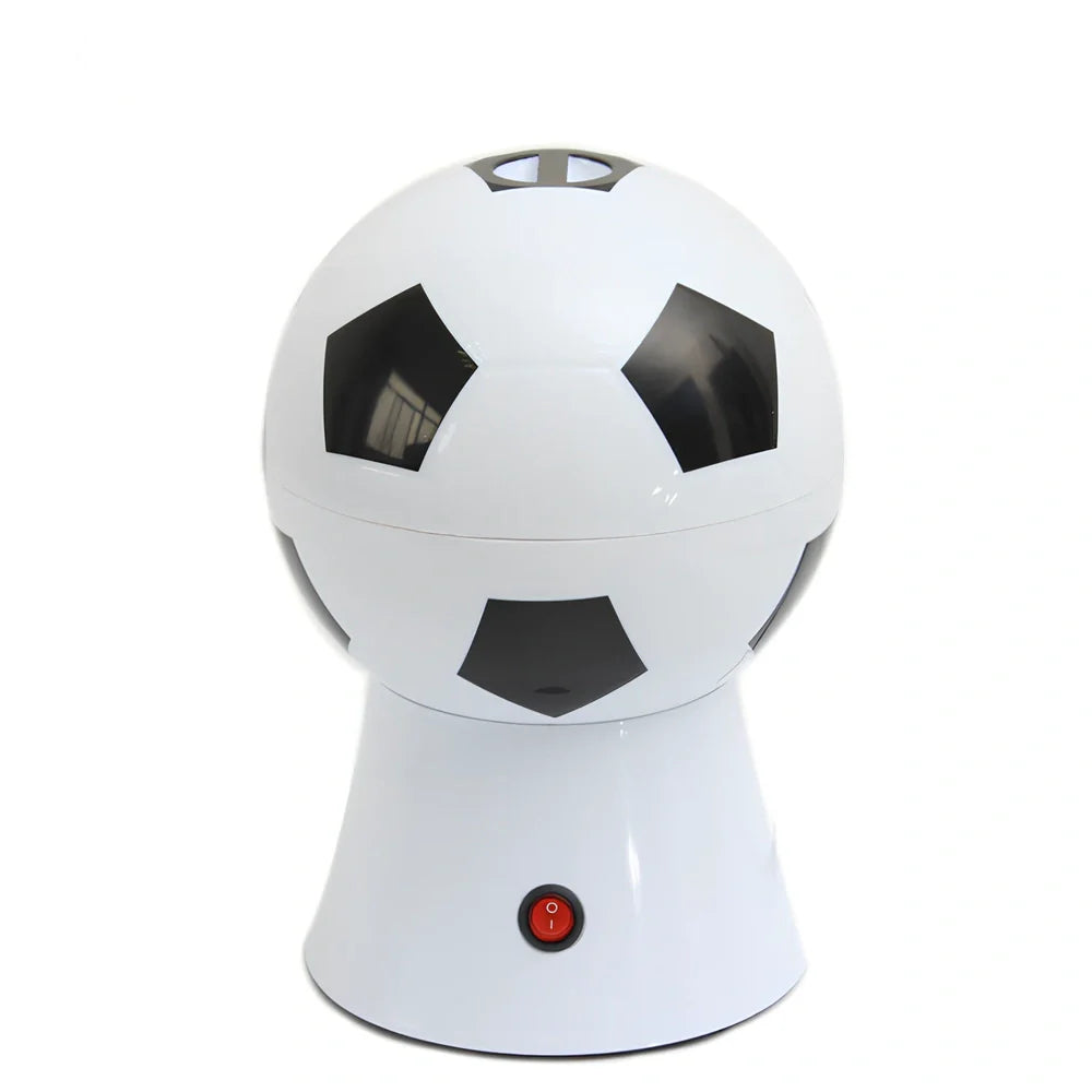 Football-shaped electric popcorn machine with automatic collector, 220V plug, and measuring lid for 50g corn portions