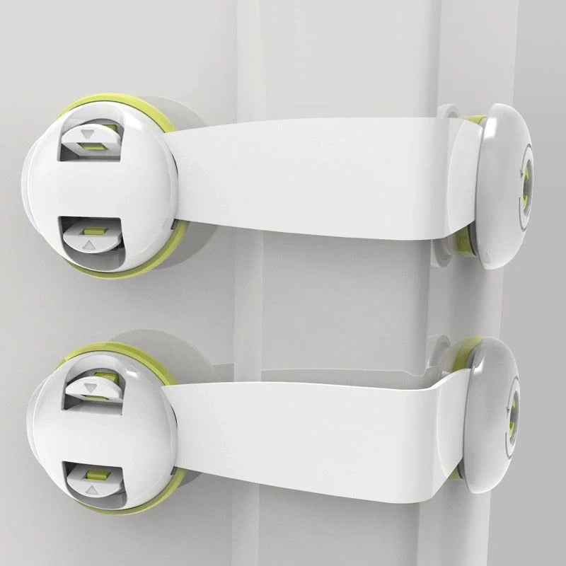 Baby safety lock in red, green, and brown with dual push-button switch and 360° rotation