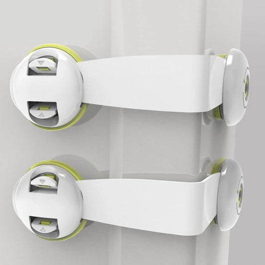 Baby safety lock in red, green, and brown with dual push-button switch and 360° rotation