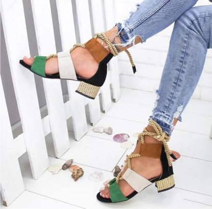 Women's beige suede sandals with thick 3-5cm heel, front strap, and ankle strap design