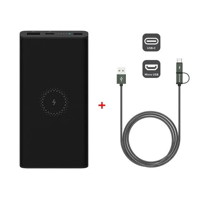 Black or white 10000mAh power bank with USB Type-C input and wireless charging surface