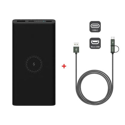 Black or white 10000mAh power bank with USB Type-C input and wireless charging surface