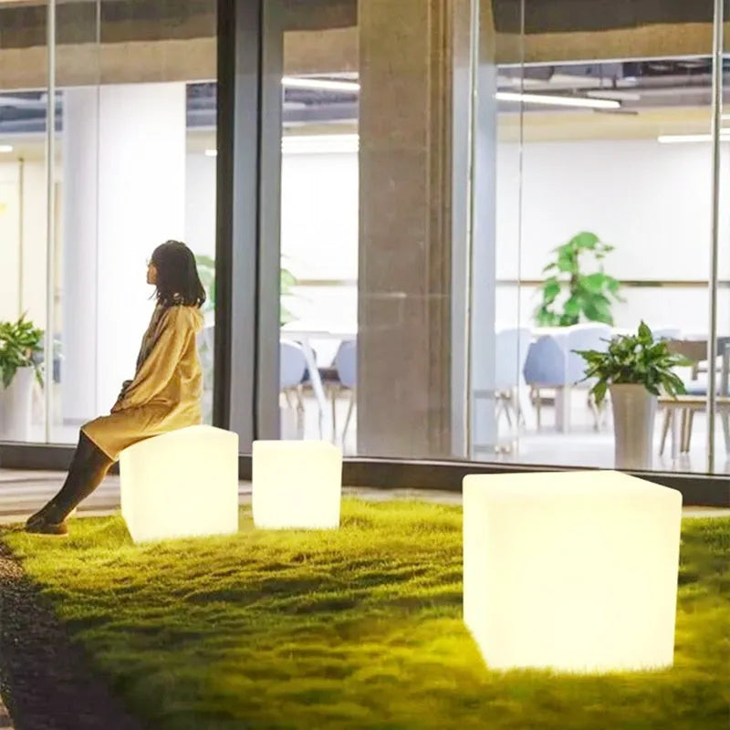 LED stool square cube light with modern design, IP65 waterproof rating, and options for rechargeable or solar power in various sizes