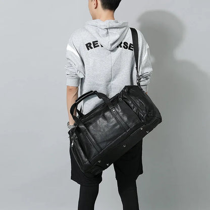 Black PU men's travel bag, 50cm wide and 26cm high, with phone, cigarette, and hidden zipper bags