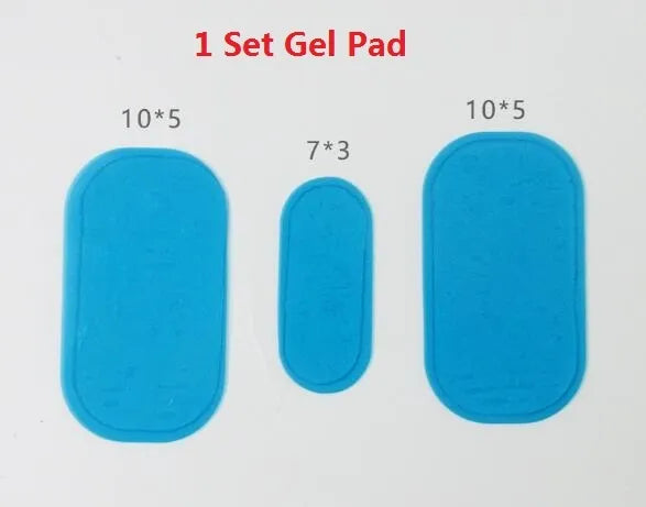 Compact EMS muscle stimulator unit with remote control and gel pads for abdominal and buttock toning.