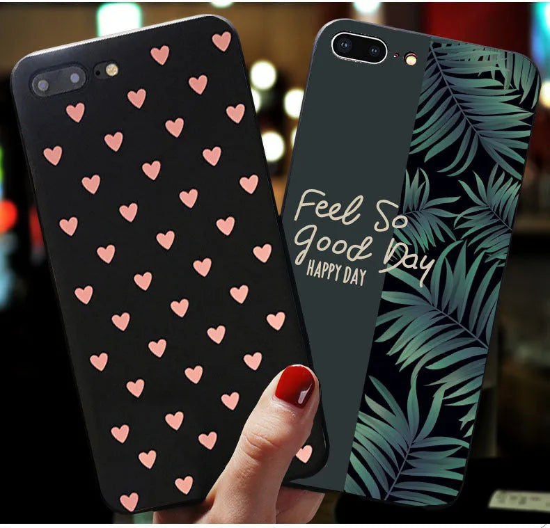 Love Silicone Phone Case for Samsung, TPU back cover, Black Love design with painted dots and animals.