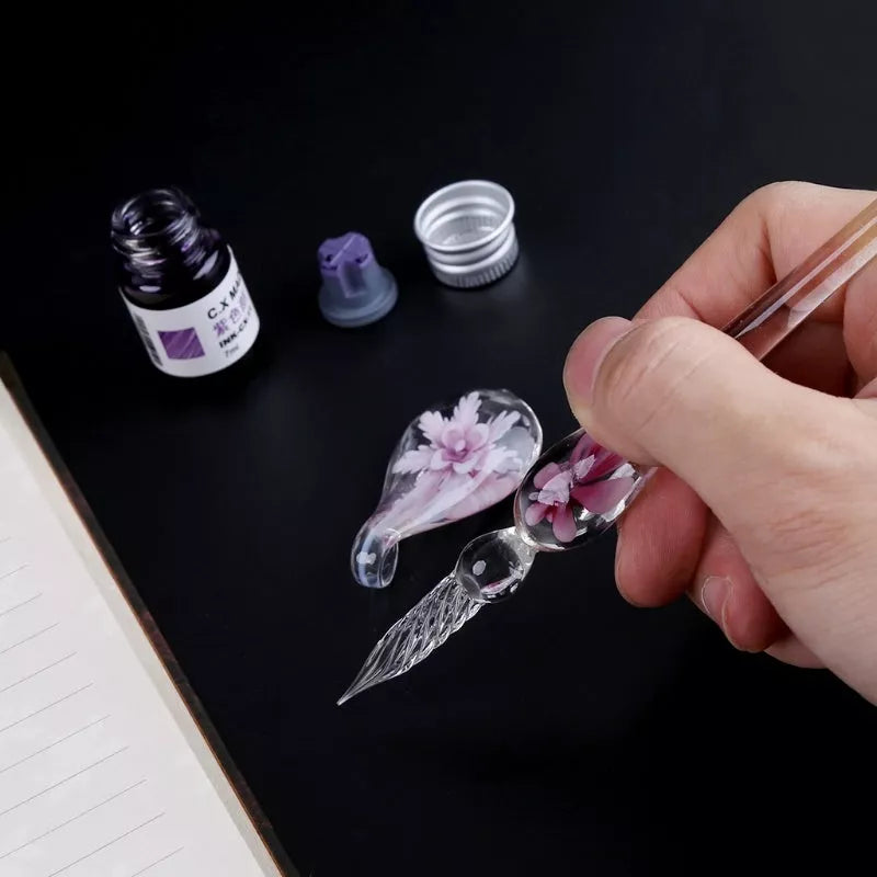 Crystal Flower Glass Dip Pen Set with elegant floral design and smooth writing nib