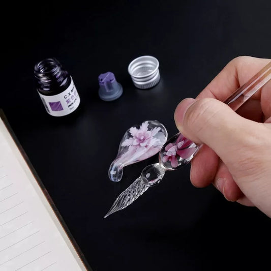 Crystal Flower Glass Dip Pen Set with elegant floral design and smooth writing nib