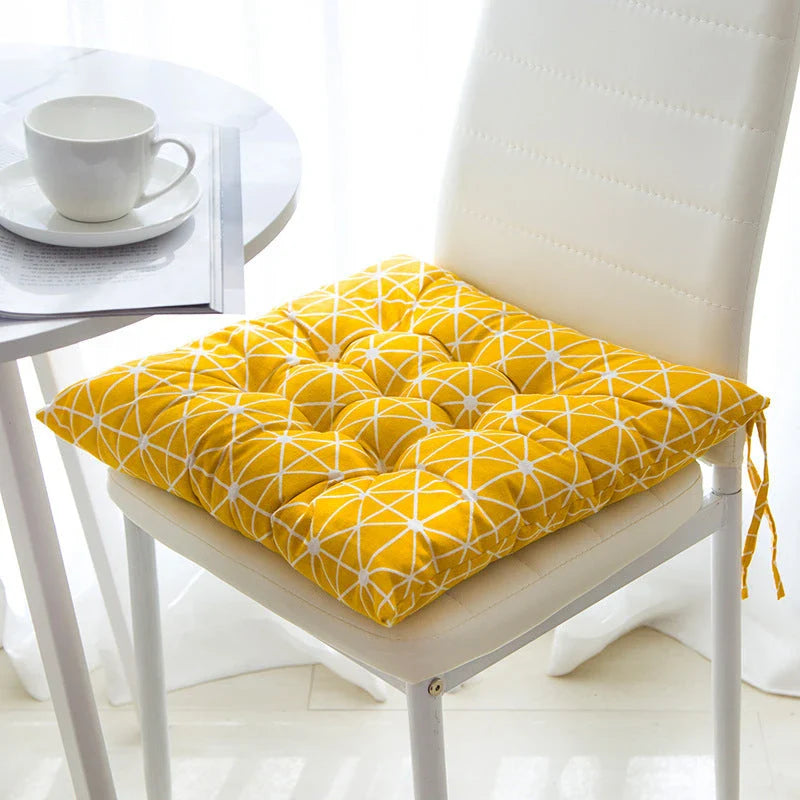 Comfortable Linen-Cotton Chair Cushion with a variety of vibrant patterns and designs, perfect for indoor and outdoor use.
