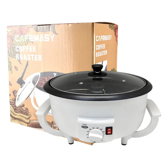 White oblate coffee bean roasting machine with 750g capacity and 225mm pot bottom
