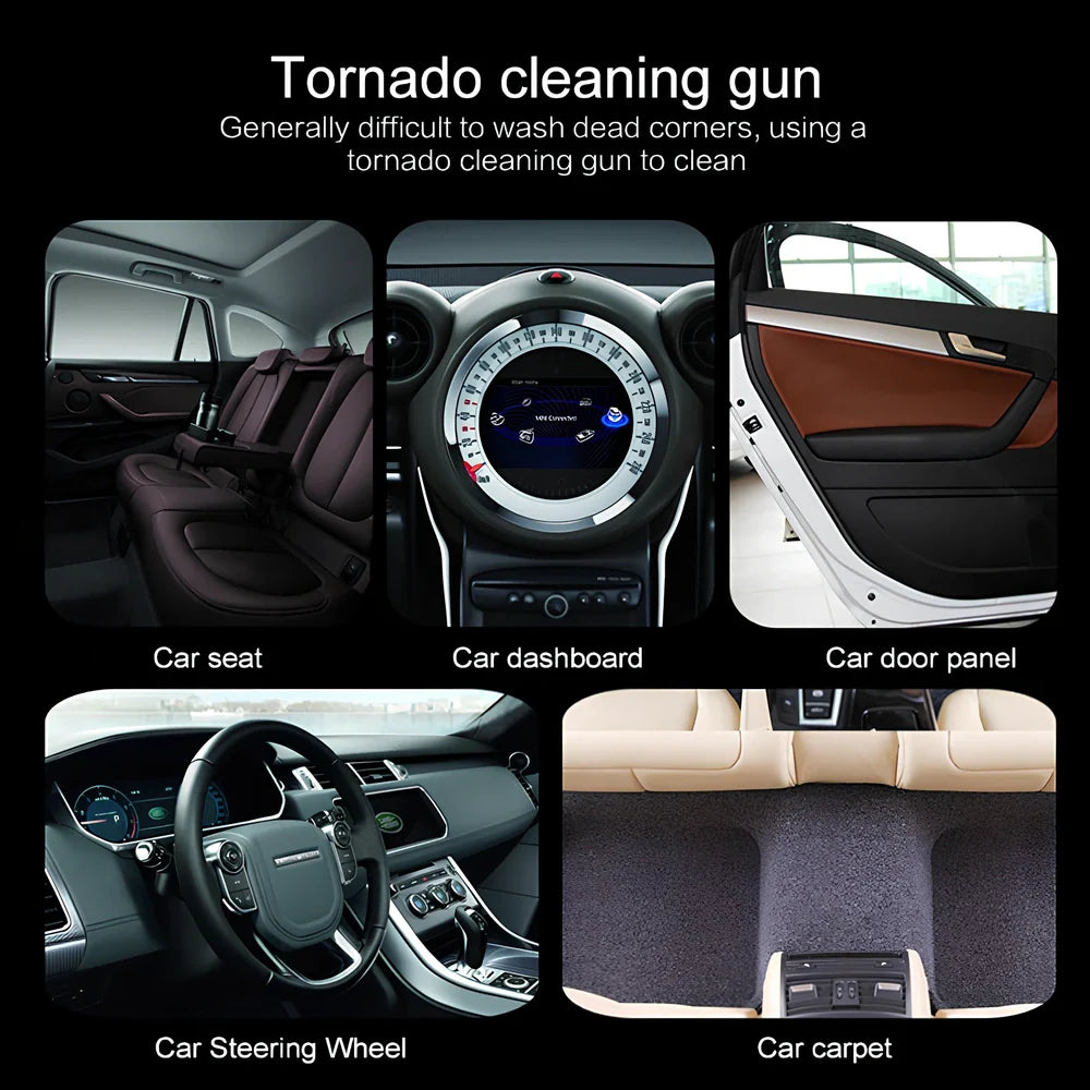 Blue Tornado interior cleaning gun with adjustable tube showing 70-120mm range and 8mm connection