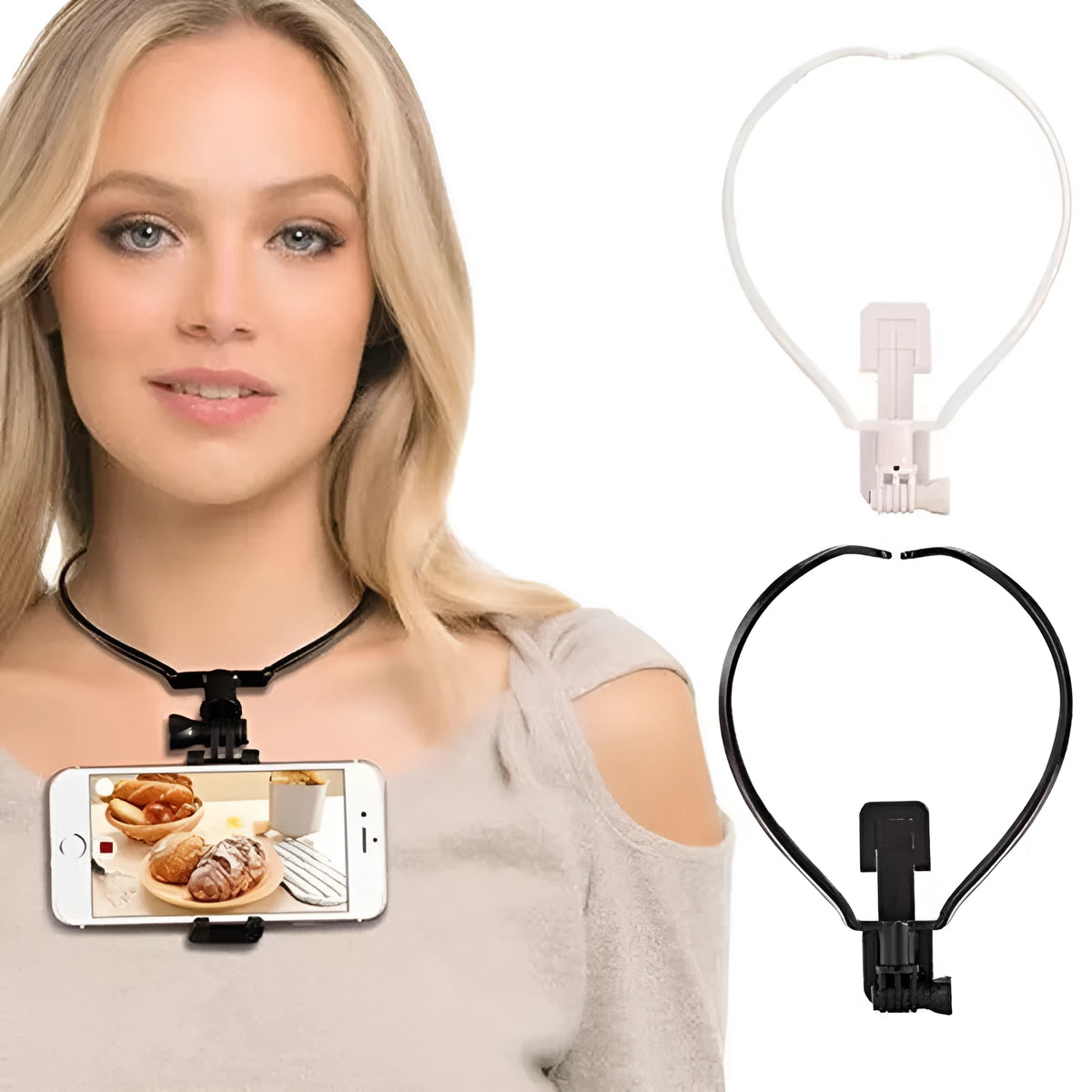 Black Neck Phone Holder showing flexible ring and adjustable arm for smartphone.