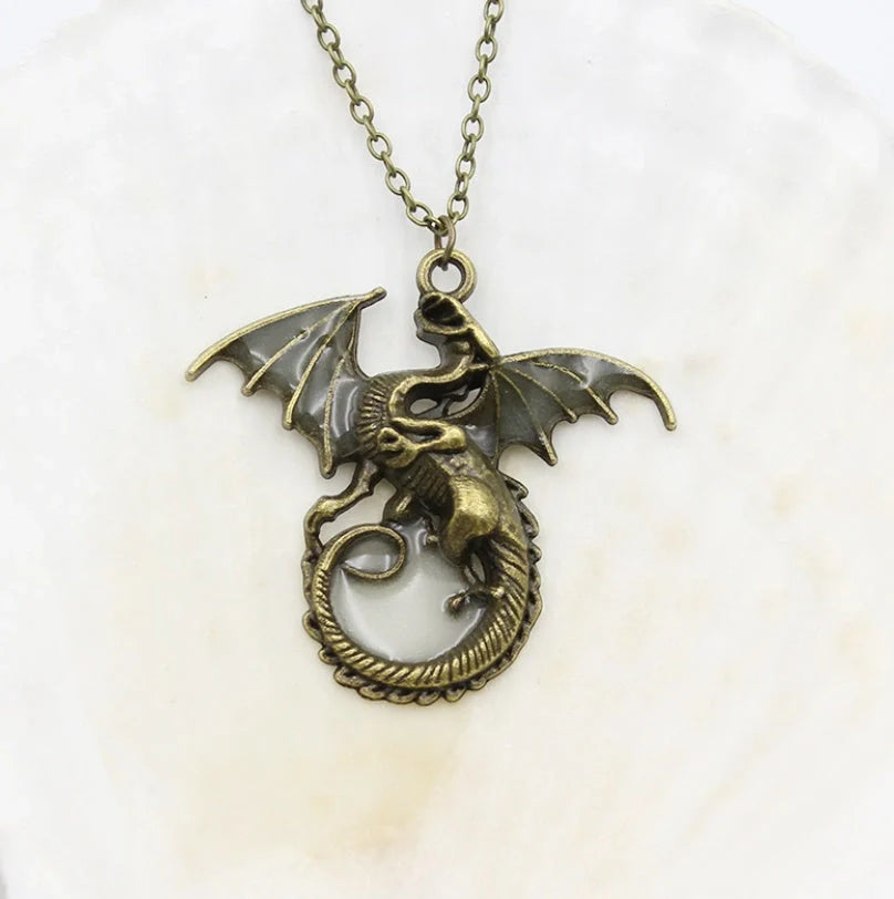 Glowing Vintage Flying Dragon Necklace with luminous pendant in ancient bronze and silver plating options