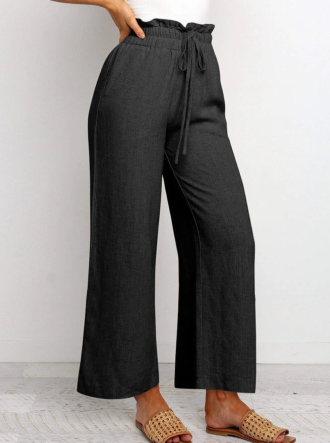 Elastic waistband lace-up wide leg cropped pants in solid colors, showcasing versatile style and comfort