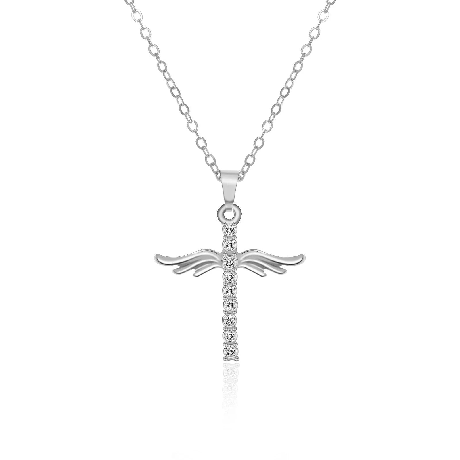 Elegant Angel Wings Cross Pendant Necklace with Adjustable Stainless Steel Chain in Gold and Silver Tones