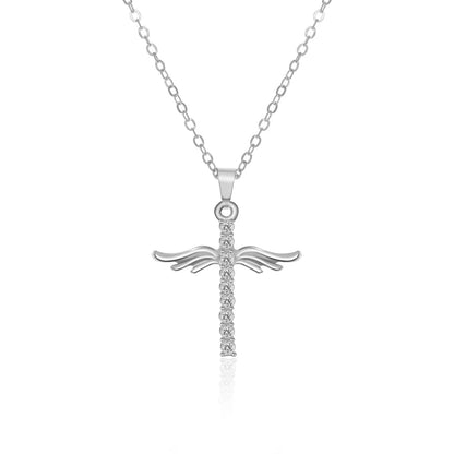 Elegant Angel Wings Cross Pendant Necklace with Adjustable Stainless Steel Chain in Gold and Silver Tones