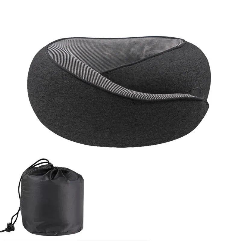 U-shaped grey memory foam travel neck pillow with storage bag.