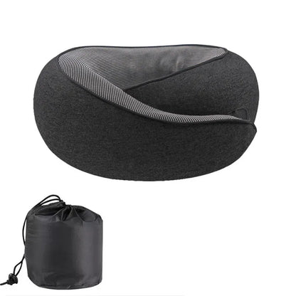 U-shaped grey memory foam travel neck pillow with storage bag.