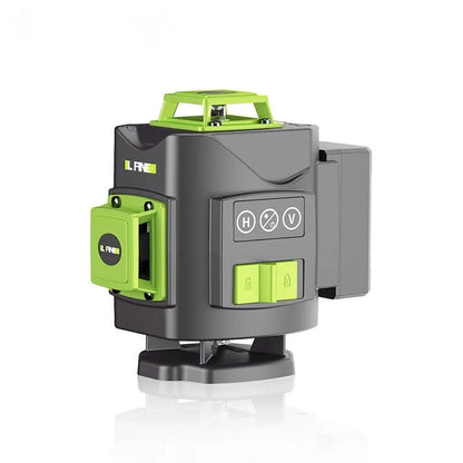 Green 16-line 3D laser level tool with compact black housing on a work surface.