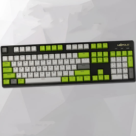 Set of two-colour PBT plastic keycaps for mechanical keyboards on a dark background.