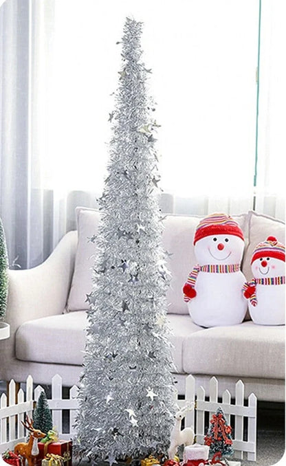 Collapsible artificial Christmas tree with sequin decorations in silver, green, gold, red, and blue options