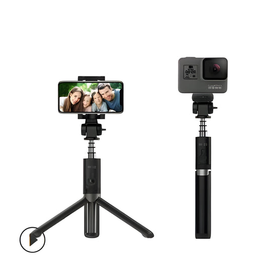 Black aluminium Bluetooth selfie stick with tripod legs extended, holding a mobile phone.