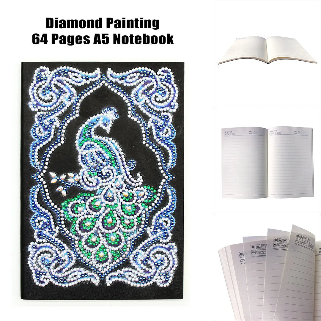 Peacock Beauty Journal Note Book with diamond painting design, A5 size 142x207x8mm, in OPP bag packaging