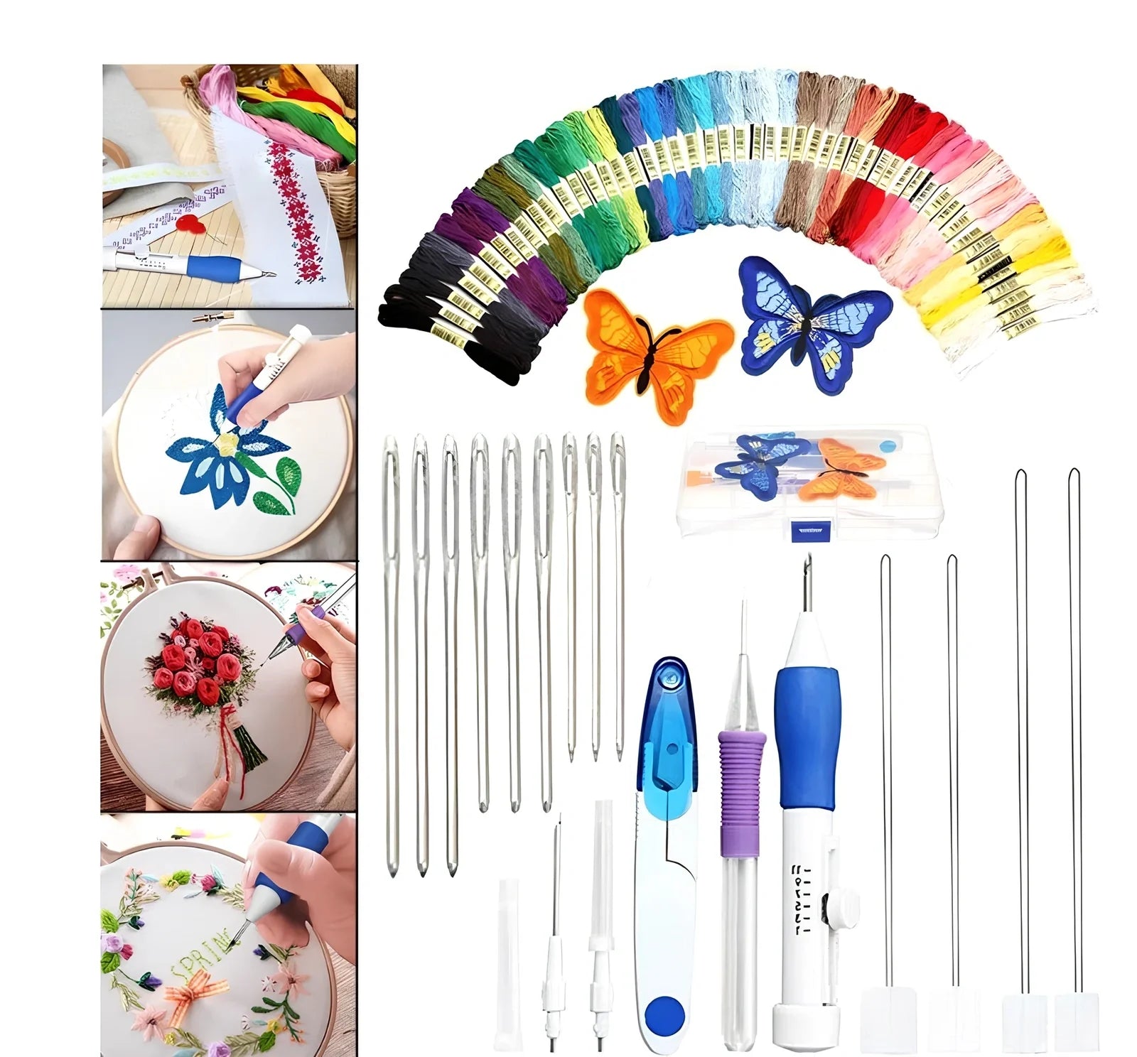 DIY embroidery set box with 50 coloured polyester threads on bobbins, 250g total weight, including butterfly pattern model 177