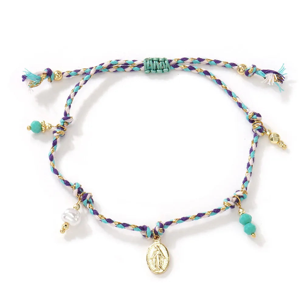 Close-up of a colourful hand-woven braided rope bracelet for women, showing ethnic strap design.