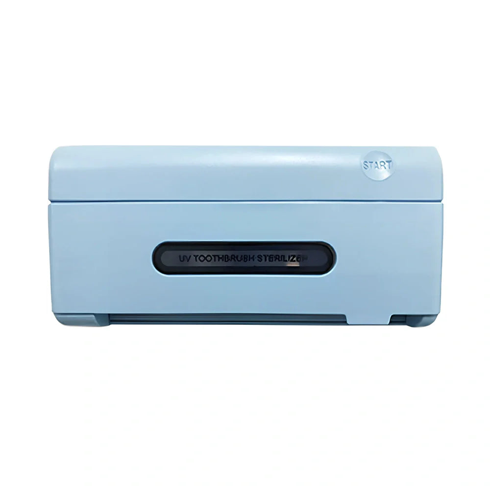 White UV toothbrush sterilisation holder with 253.7nm wavelength disinfection, 157mm width compact design for bathroom counter