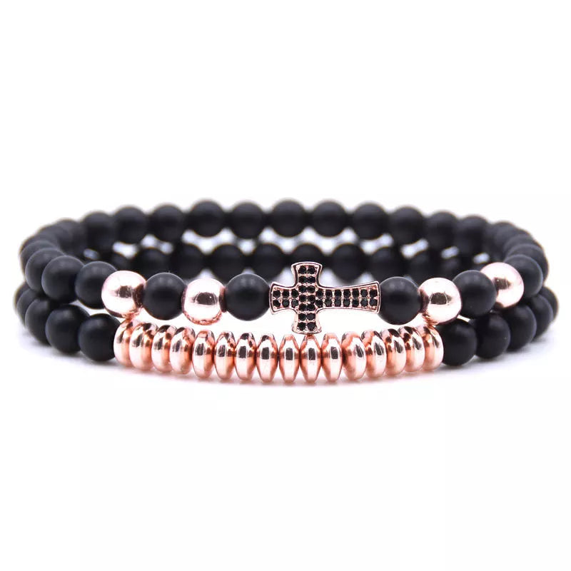 Cross elastic bracelet with natural stone accents in black, gold, or silver