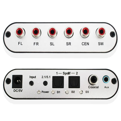 Compact black DTS Dolby Digital AC-3 audio decoder with optical and coaxial inputs for 5.1 channel surround sound conversion.