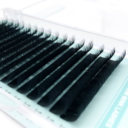 Artificial fibre false eyelashes showing length options from 7mm to 15mm with volume specifications 0.05CC to 0.2CC