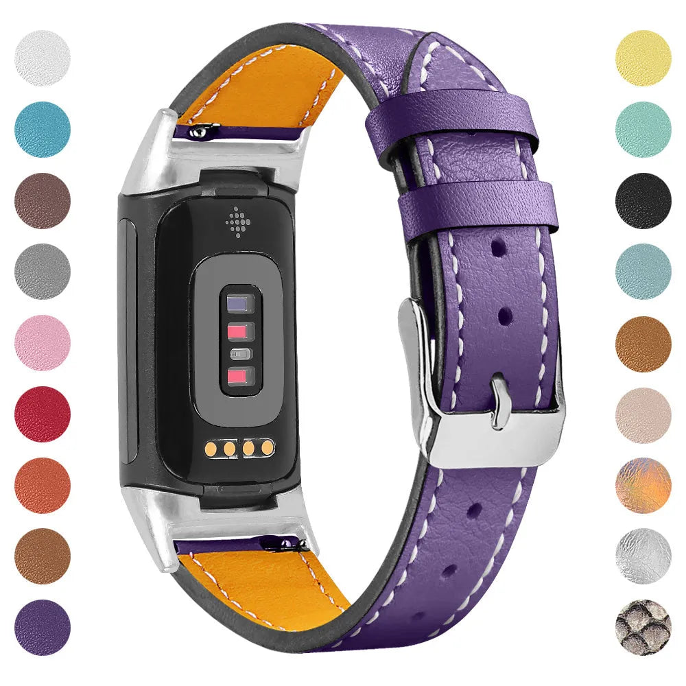 Genuine leather strap for Fitbit charge5 and charge6 in selected colour with adjustable buckle showing 5.5-8.1 inch length
